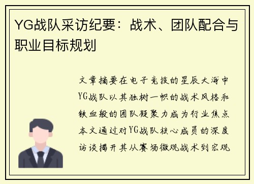 YG战队采访纪要：战术、团队配合与职业目标规划